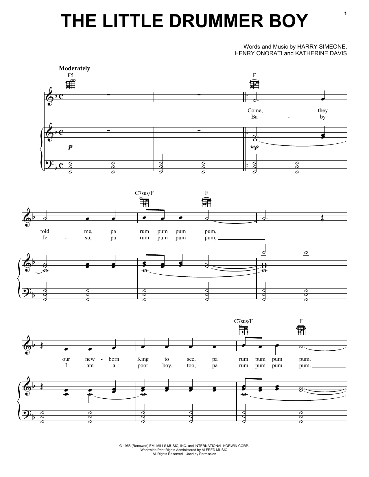 Harry Simeone The Little Drummer Boy sheet music notes and chords arranged for Piano Solo
