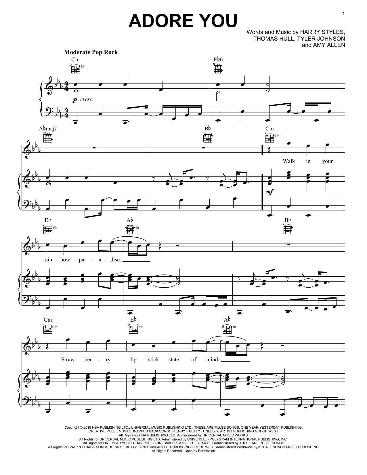 Harry Styles Adore You sheet music notes and chords arranged for Piano, Vocal & Guitar Chords (Right-Hand Melody)