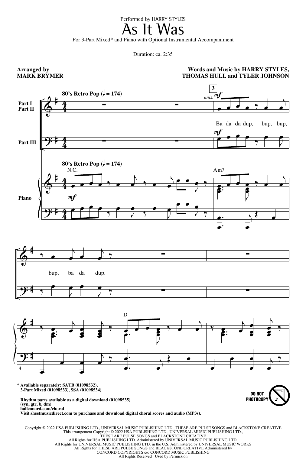 Harry Styles As It Was (arr. Mark Brymer) sheet music notes and chords arranged for SATB Choir