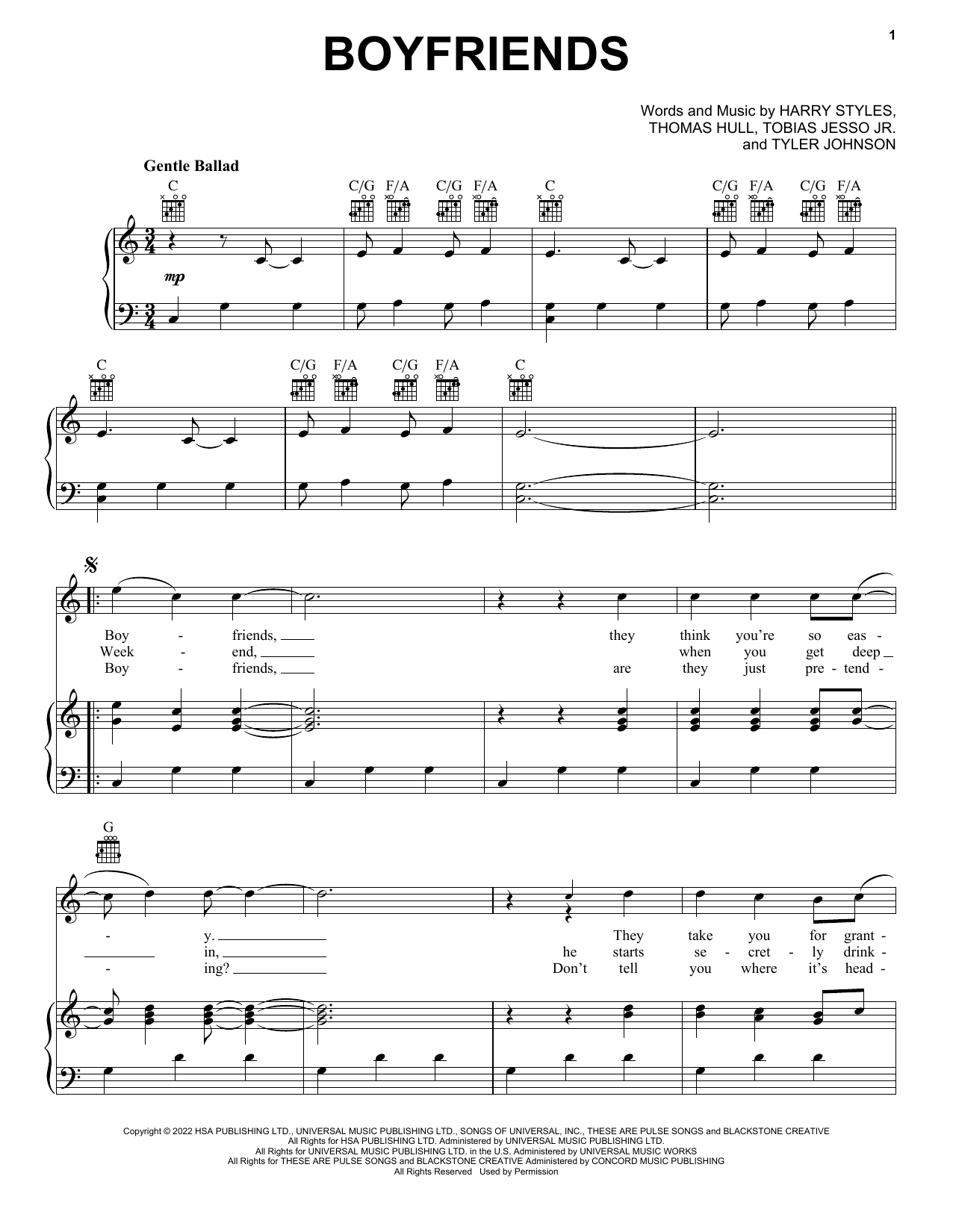 Harry Styles Boyfriends sheet music notes and chords arranged for Piano, Vocal & Guitar Chords (Right-Hand Melody)