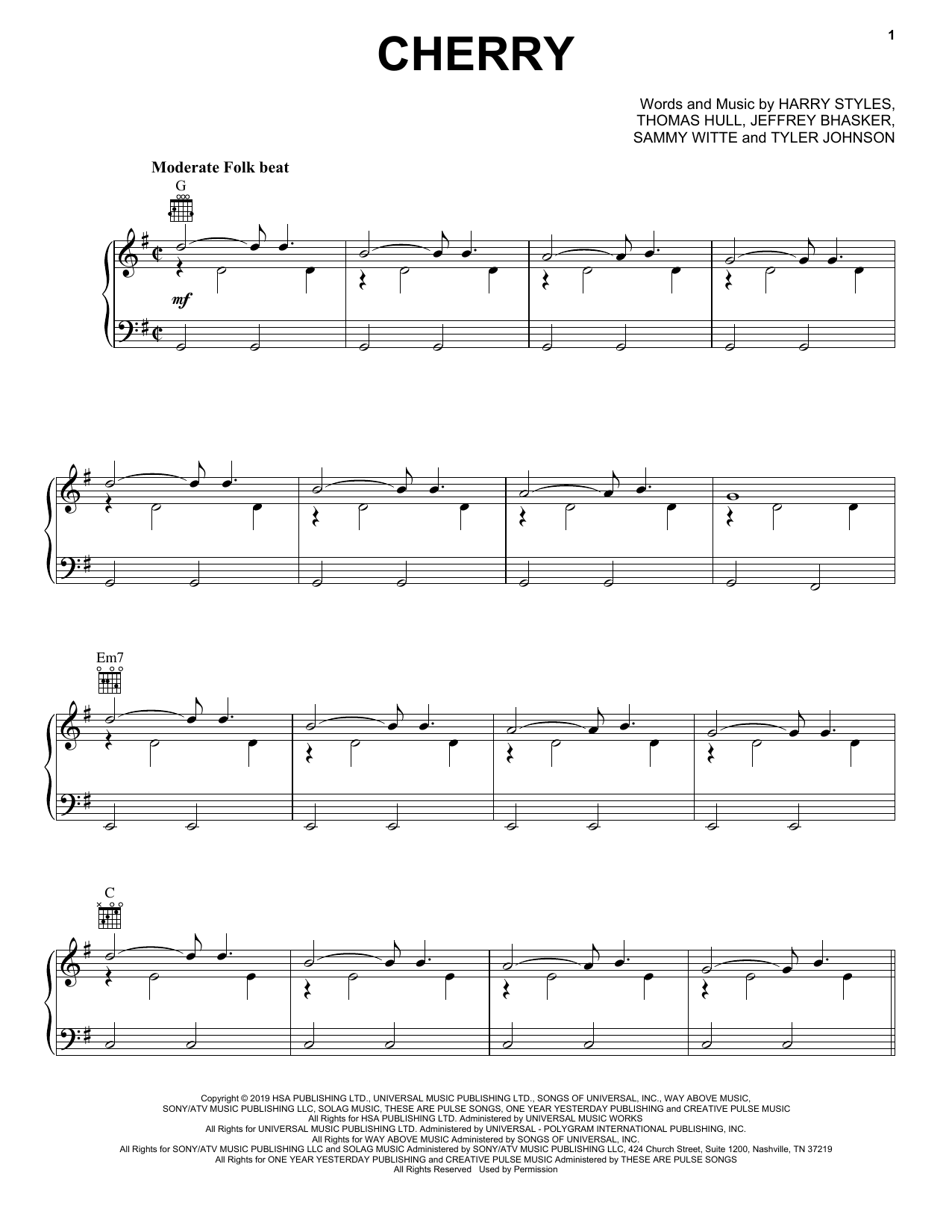 Harry Styles Cherry sheet music notes and chords arranged for Piano, Vocal & Guitar Chords (Right-Hand Melody)