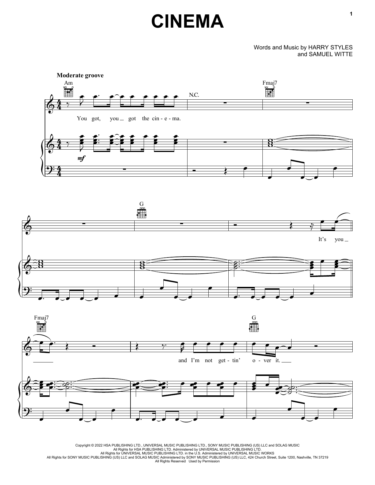 Harry Styles Cinema sheet music notes and chords arranged for Piano, Vocal & Guitar Chords (Right-Hand Melody)