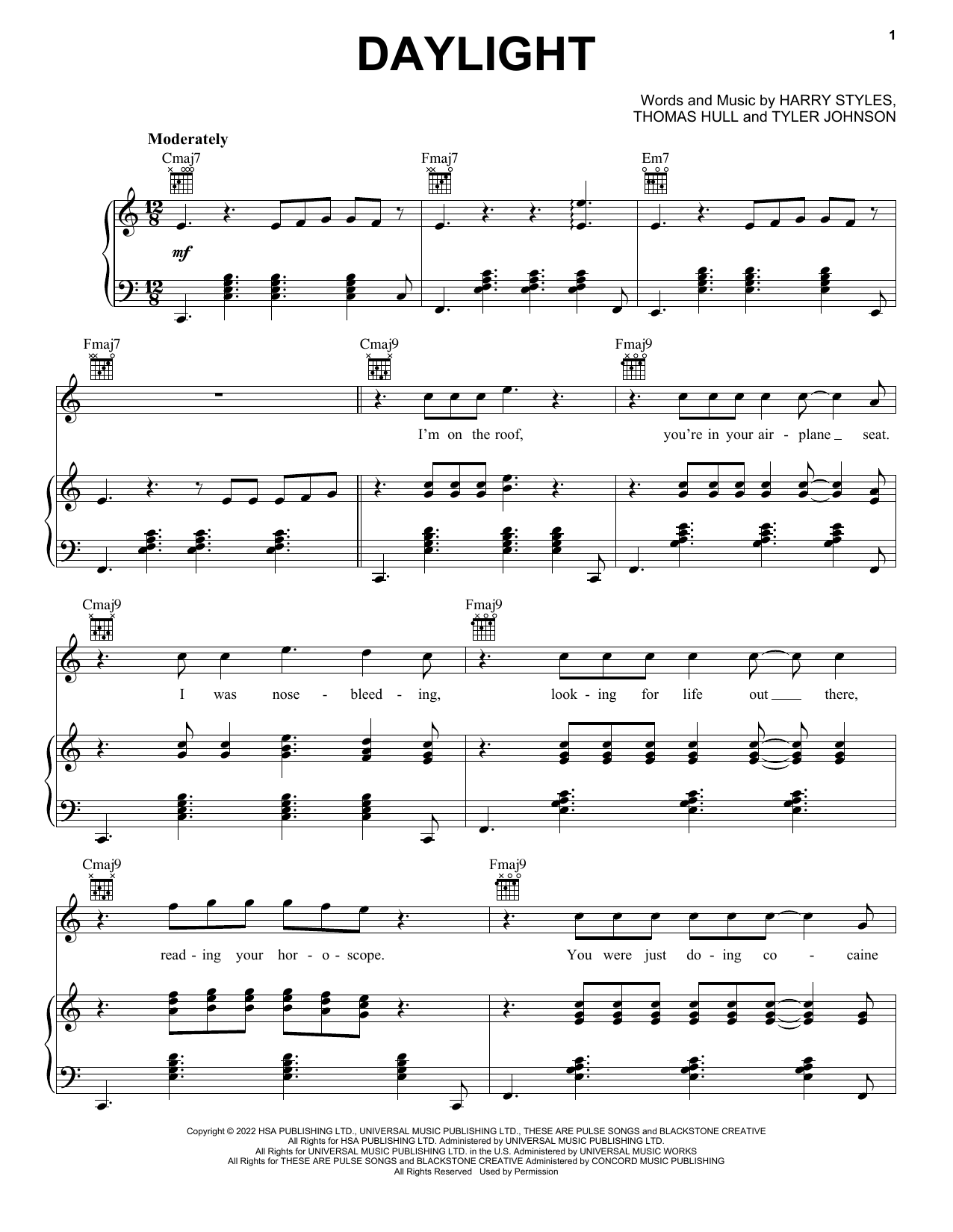 Harry Styles Daylight sheet music notes and chords arranged for Piano, Vocal & Guitar Chords (Right-Hand Melody)