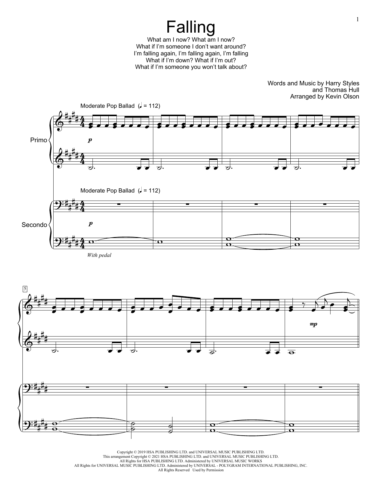 Harry Styles Falling (arr. Kevin Olson) sheet music notes and chords arranged for Piano Duet