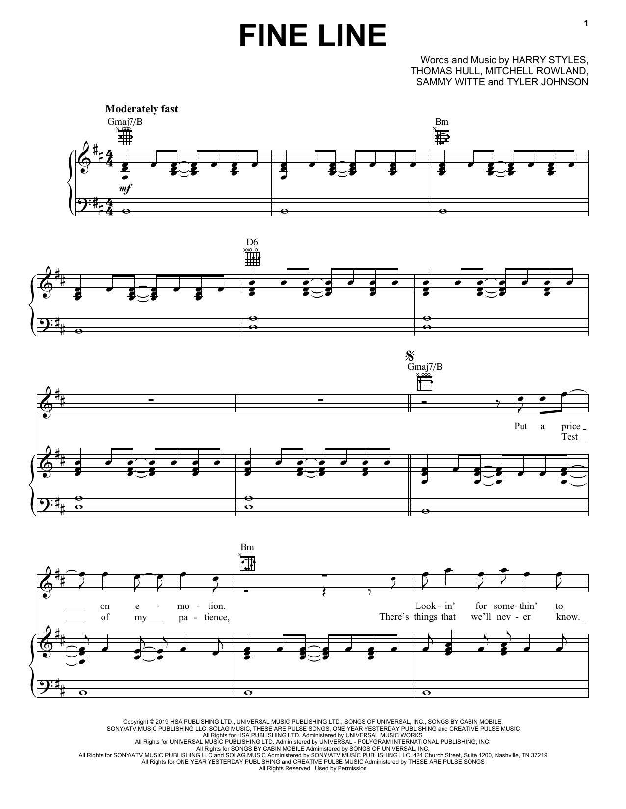 Harry Styles Fine Line sheet music notes and chords arranged for Piano, Vocal & Guitar Chords (Right-Hand Melody)