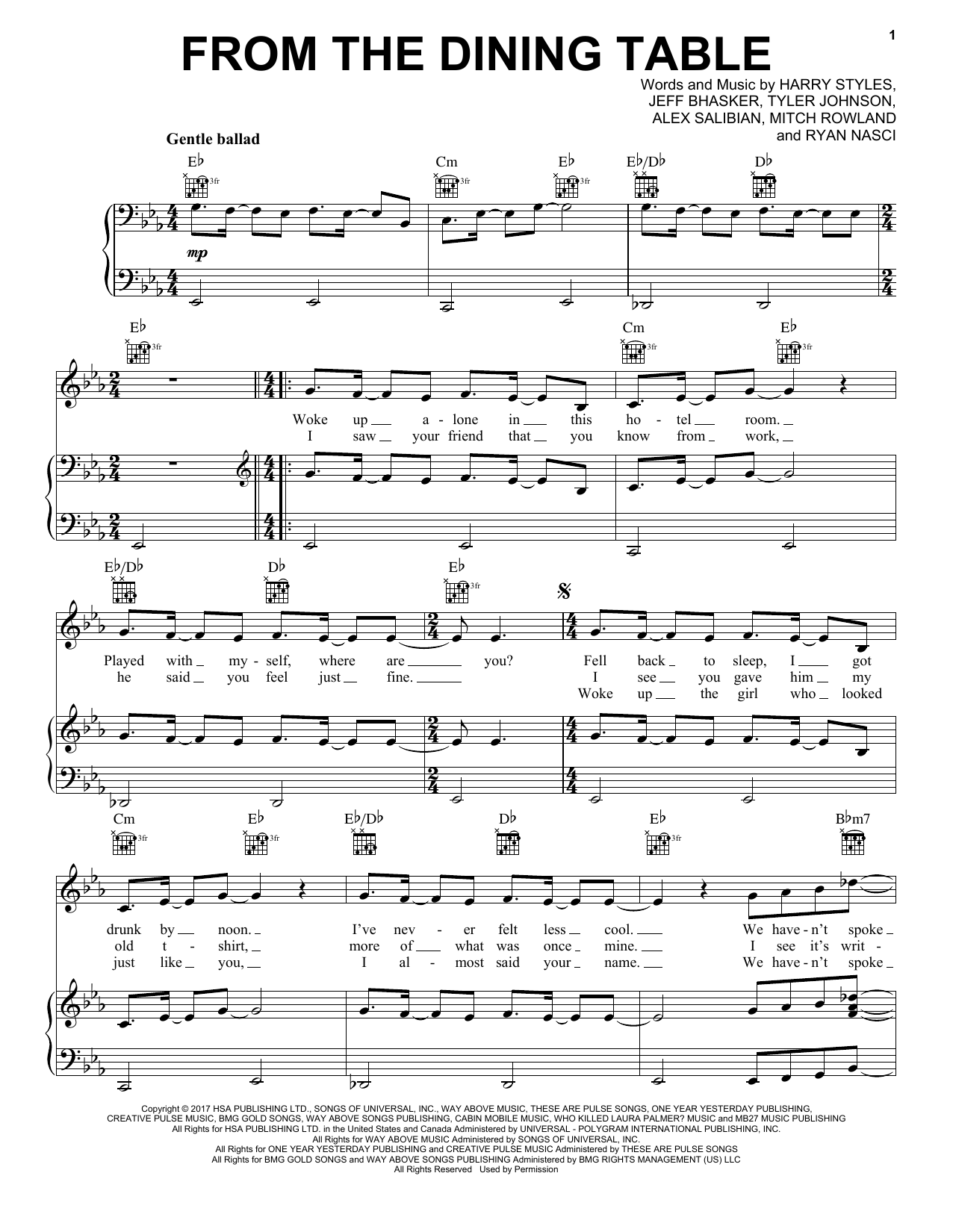 Harry Styles From The Dining Table sheet music notes and chords arranged for Piano, Vocal & Guitar Chords (Right-Hand Melody)