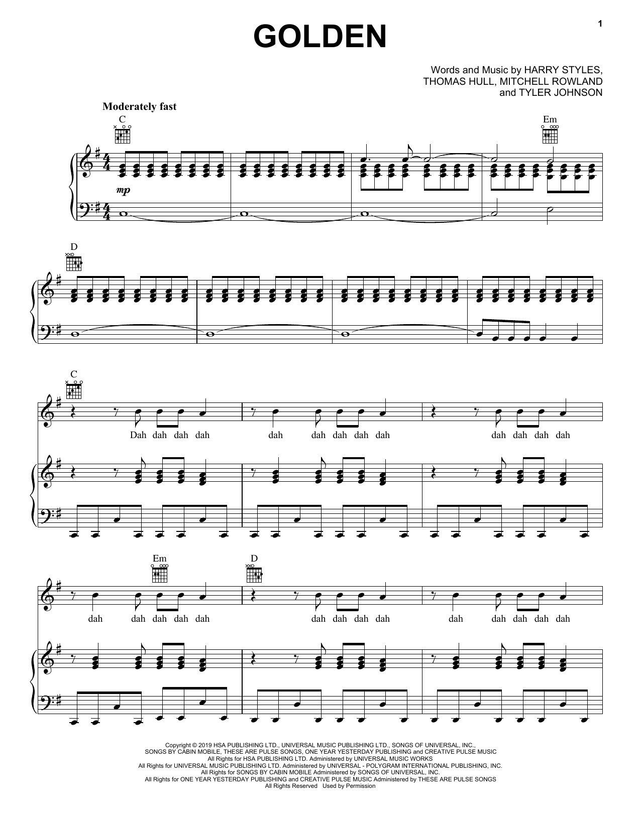 Harry Styles Golden sheet music notes and chords arranged for Piano, Vocal & Guitar Chords (Right-Hand Melody)