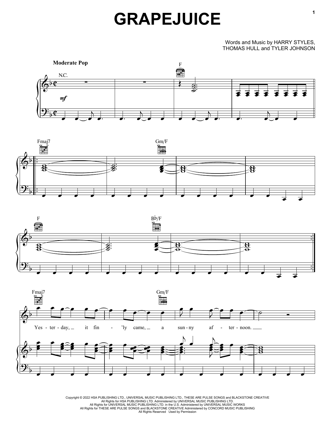 Harry Styles Grapejuice sheet music notes and chords arranged for Piano, Vocal & Guitar Chords (Right-Hand Melody)
