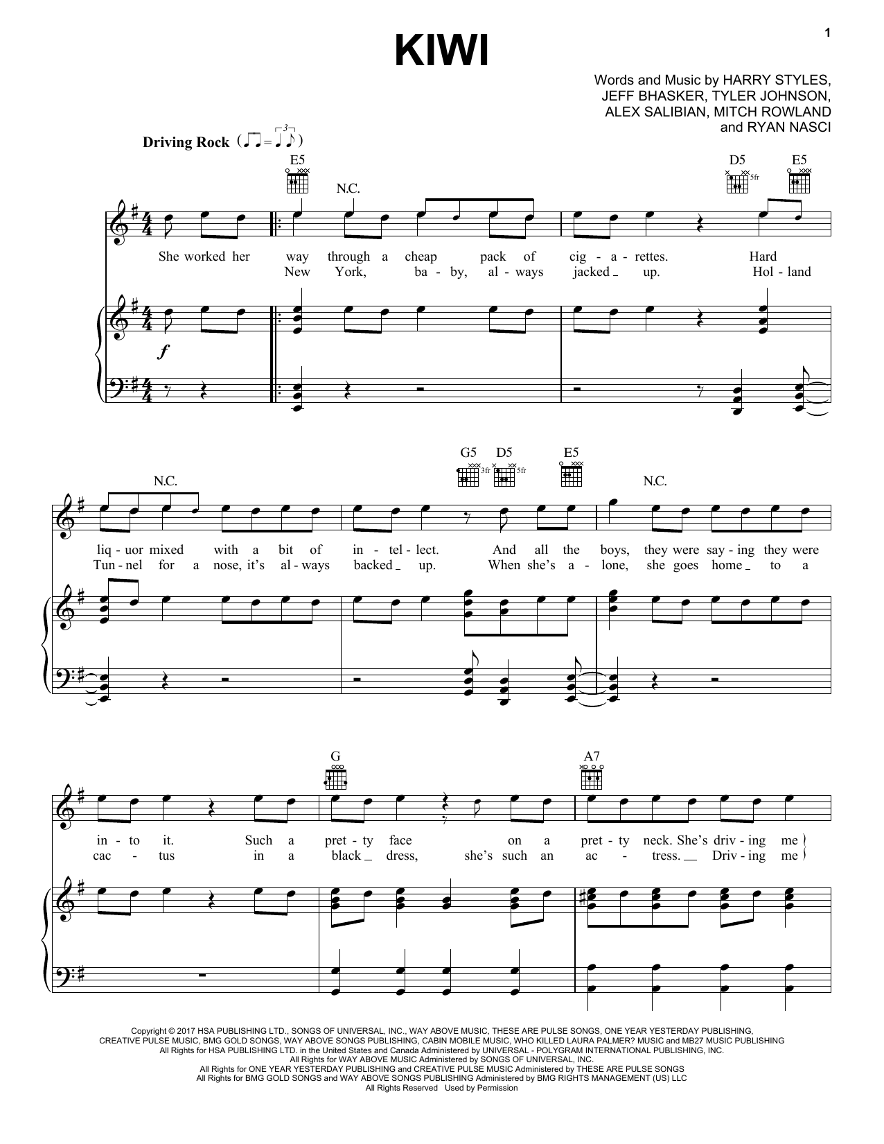 Harry Styles Kiwi sheet music notes and chords arranged for Piano, Vocal & Guitar Chords (Right-Hand Melody)