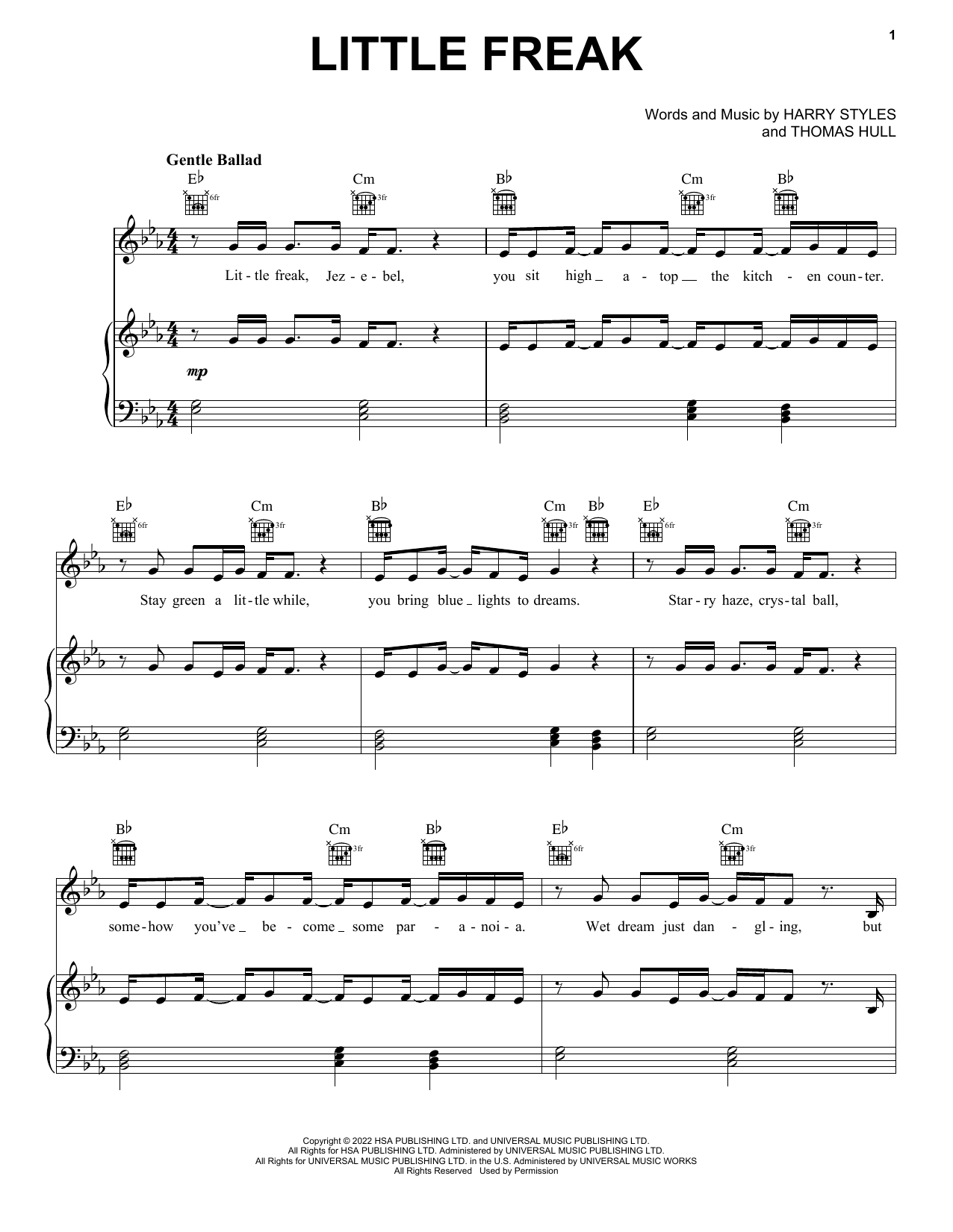 Harry Styles Little Freak sheet music notes and chords arranged for Piano, Vocal & Guitar Chords (Right-Hand Melody)