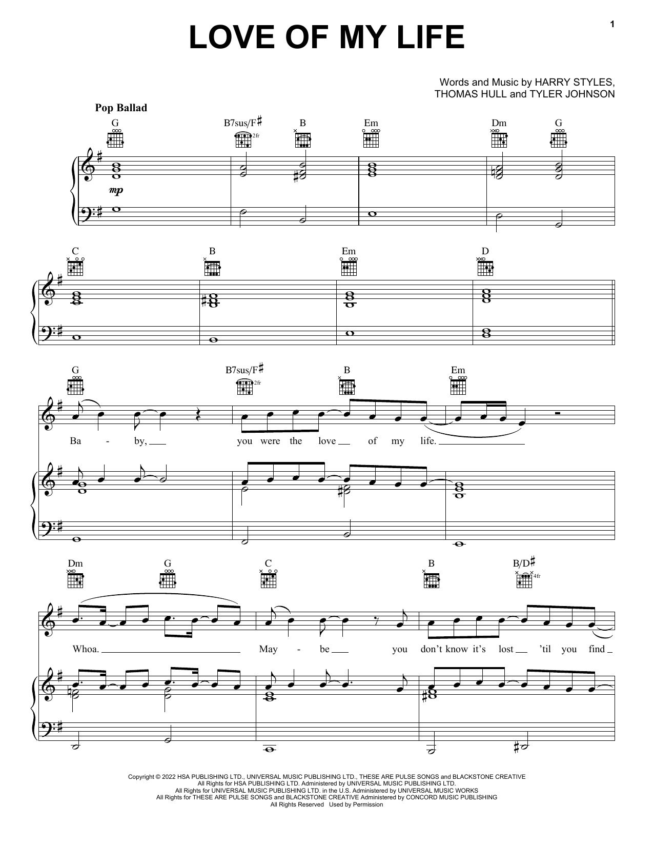Harry Styles Love Of My Life sheet music notes and chords arranged for Piano, Vocal & Guitar Chords (Right-Hand Melody)