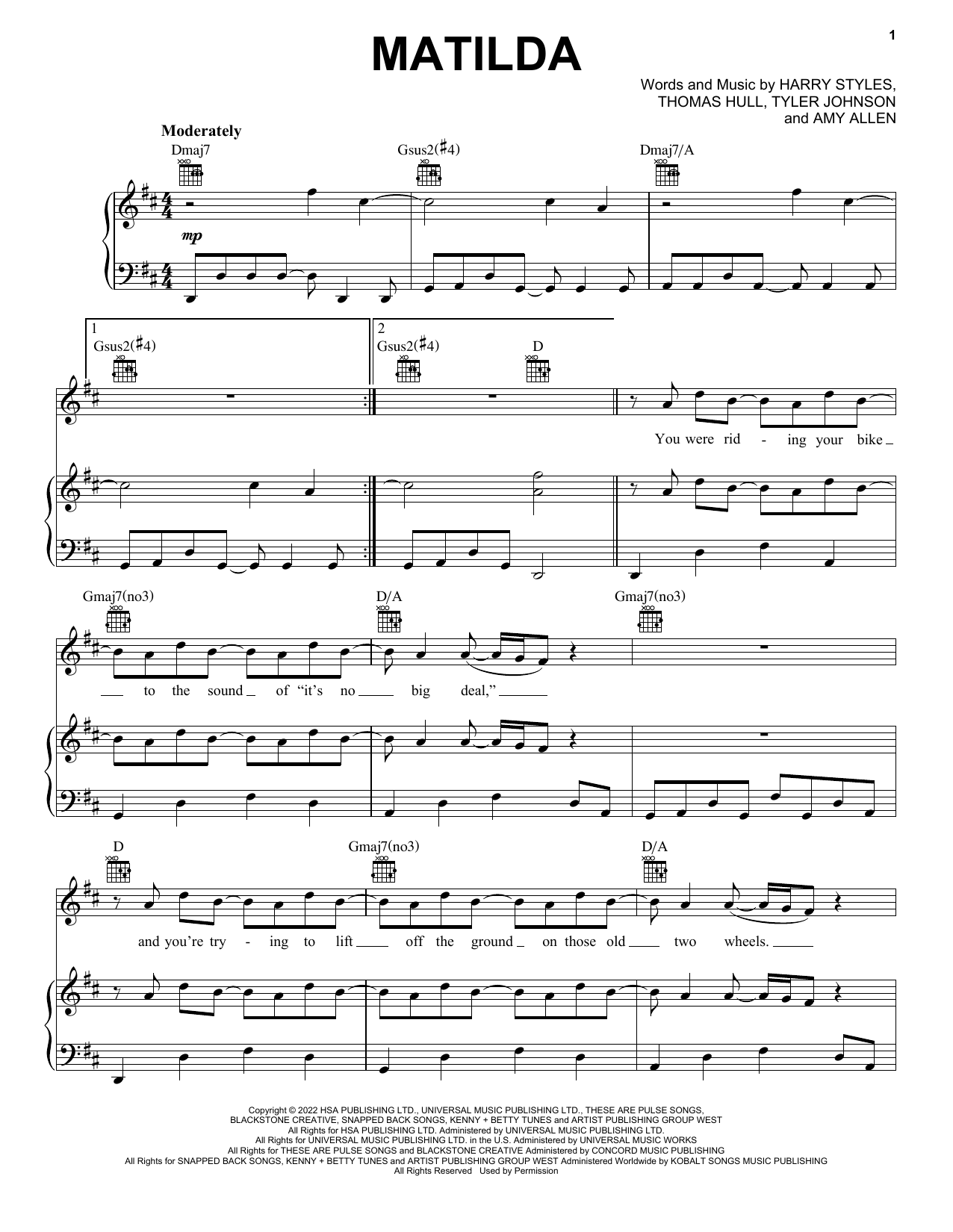 Harry Styles Matilda sheet music notes and chords arranged for Super Easy Piano