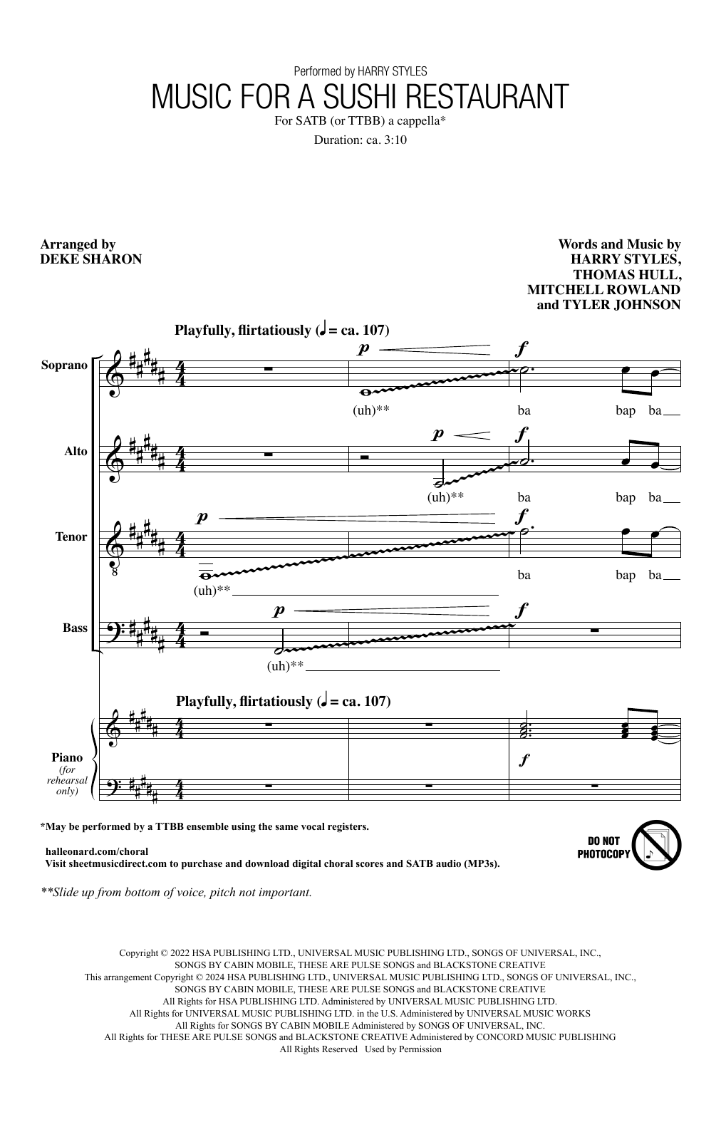 Harry Styles Music For A Sushi Restaurant (arr. Deke Sharon) sheet music notes and chords arranged for SATB Choir