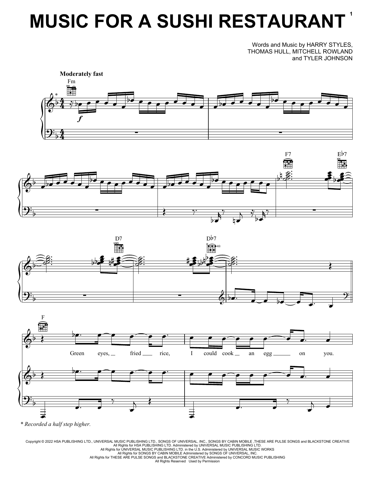 Harry Styles Music For A Sushi Restaurant sheet music notes and chords arranged for Piano, Vocal & Guitar Chords (Right-Hand Melody)