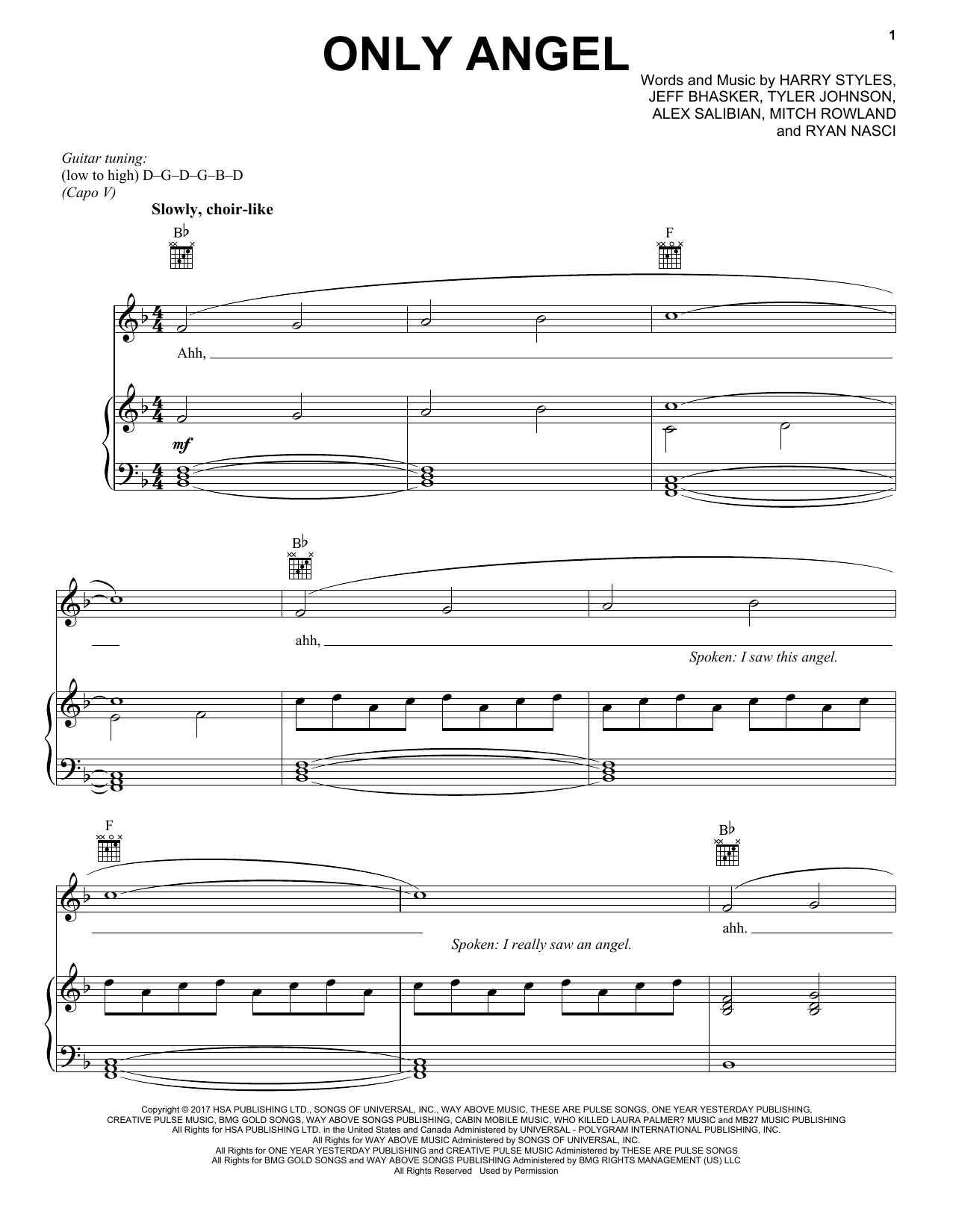 Harry Styles Only Angel sheet music notes and chords arranged for Piano, Vocal & Guitar Chords (Right-Hand Melody)