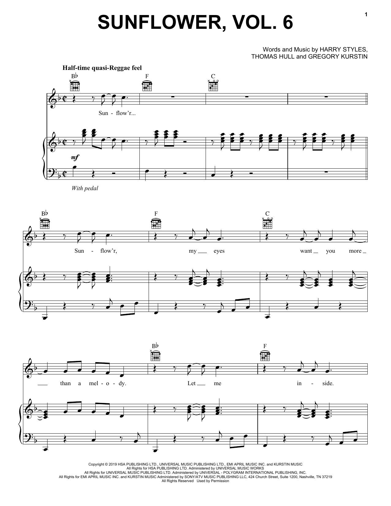 Harry Styles Sunflower, Vol. 6 sheet music notes and chords arranged for Piano, Vocal & Guitar Chords (Right-Hand Melody)