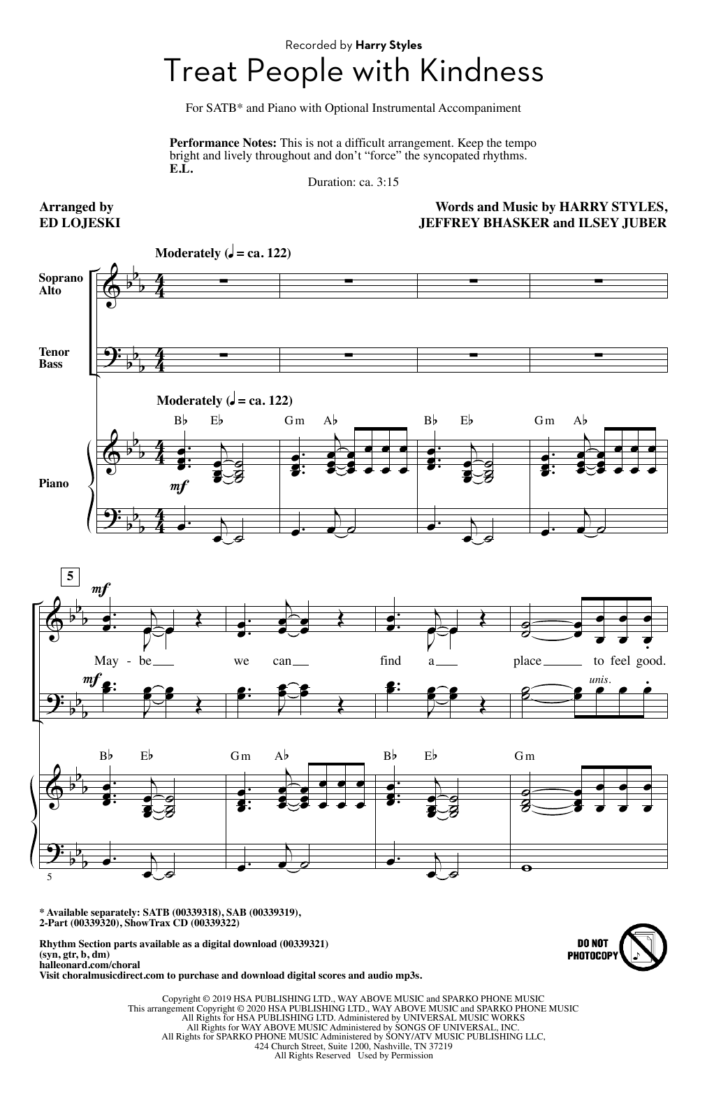 Harry Styles Treat People With Kindness (arr. Ed Lojeski) sheet music notes and chords arranged for SAB Choir