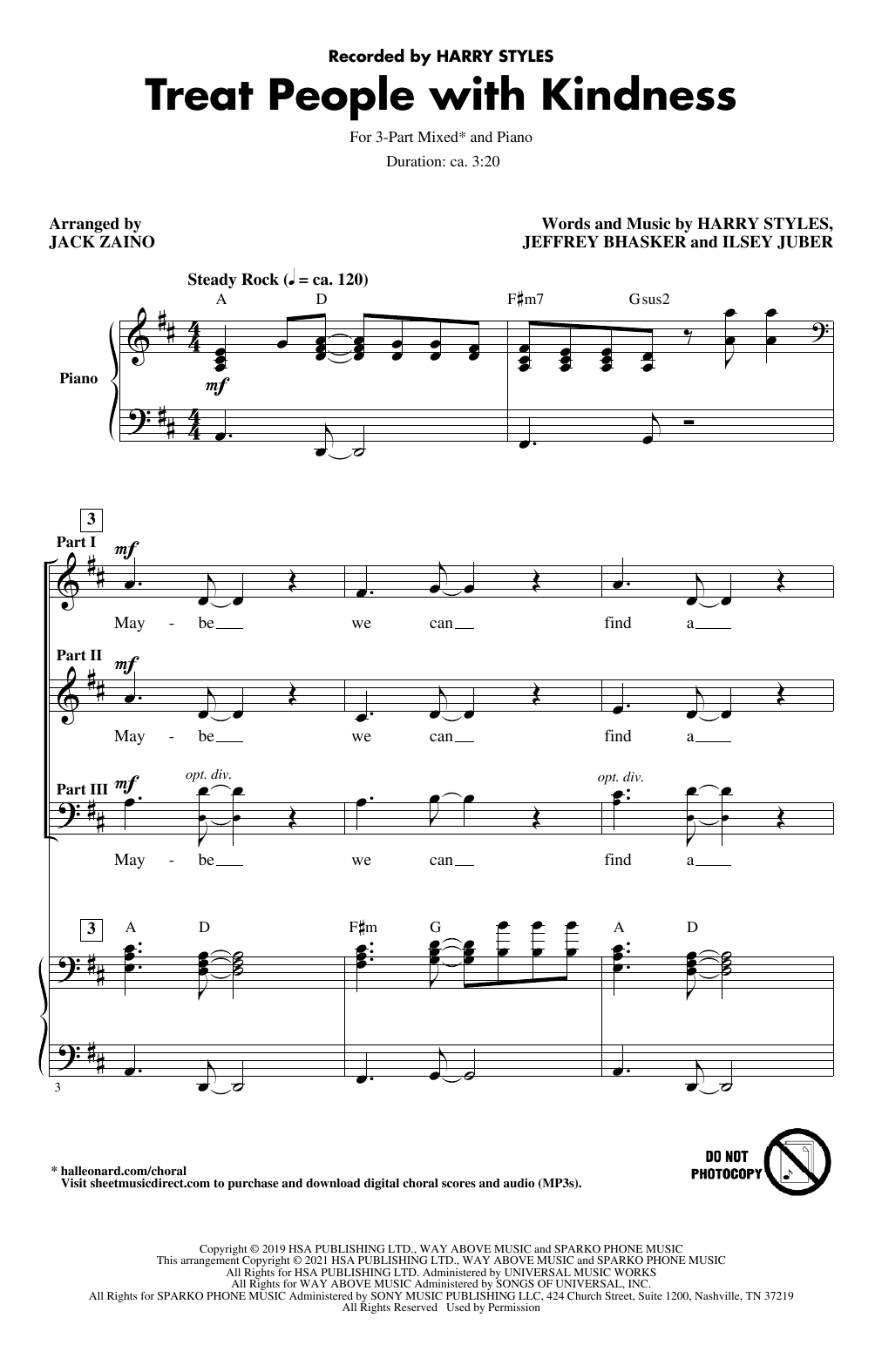 Harry Styles Treat People With Kindness (arr. Jack Zaino) sheet music notes and chords arranged for 3-Part Mixed Choir