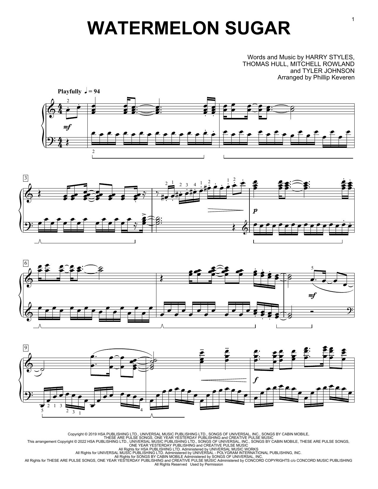 Harry Styles Watermelon Sugar (arr. Phillip Keveren) sheet music notes and chords arranged for Piano Solo