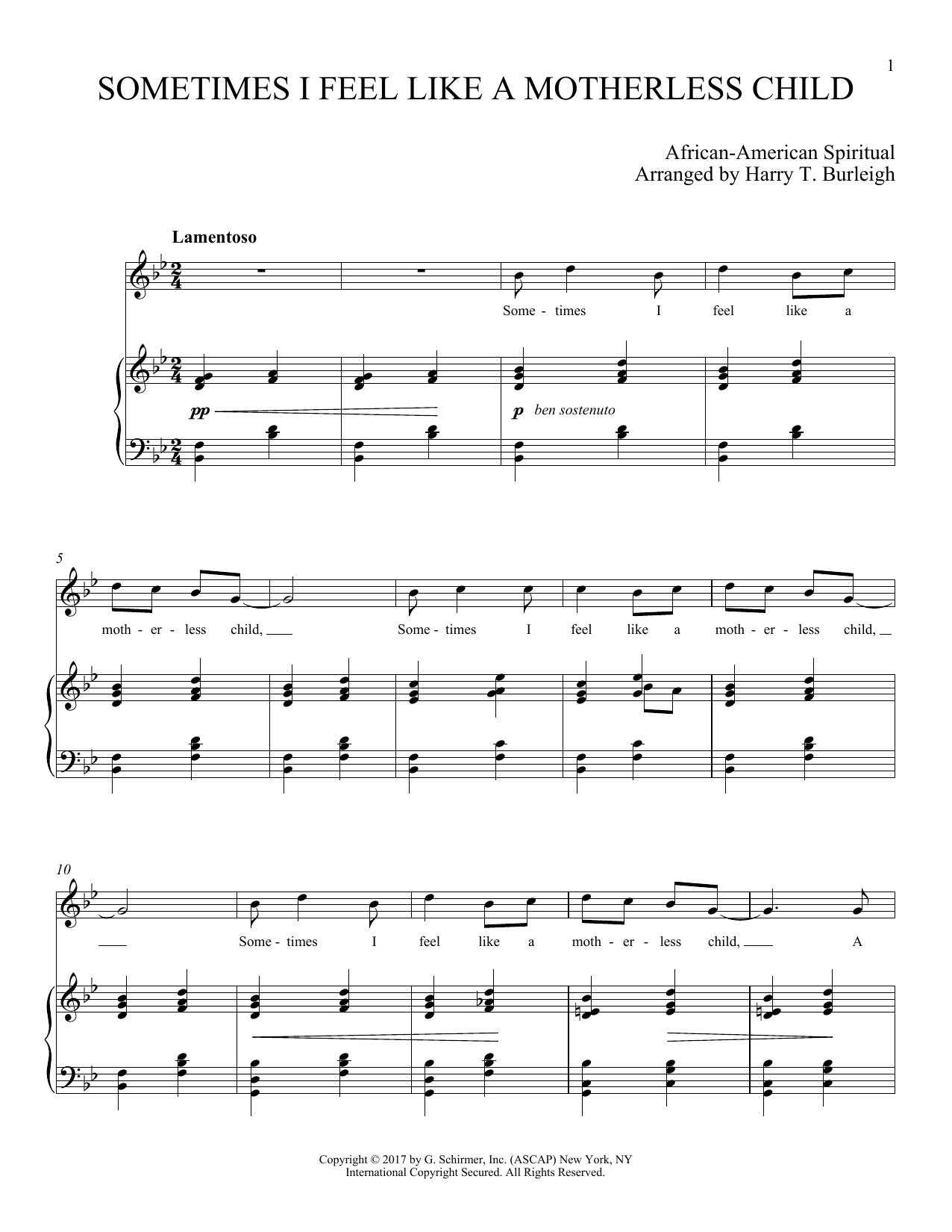Harry T. Burleigh Sometimes I Feel Like A Motherless Child sheet music notes and chords arranged for Piano & Vocal
