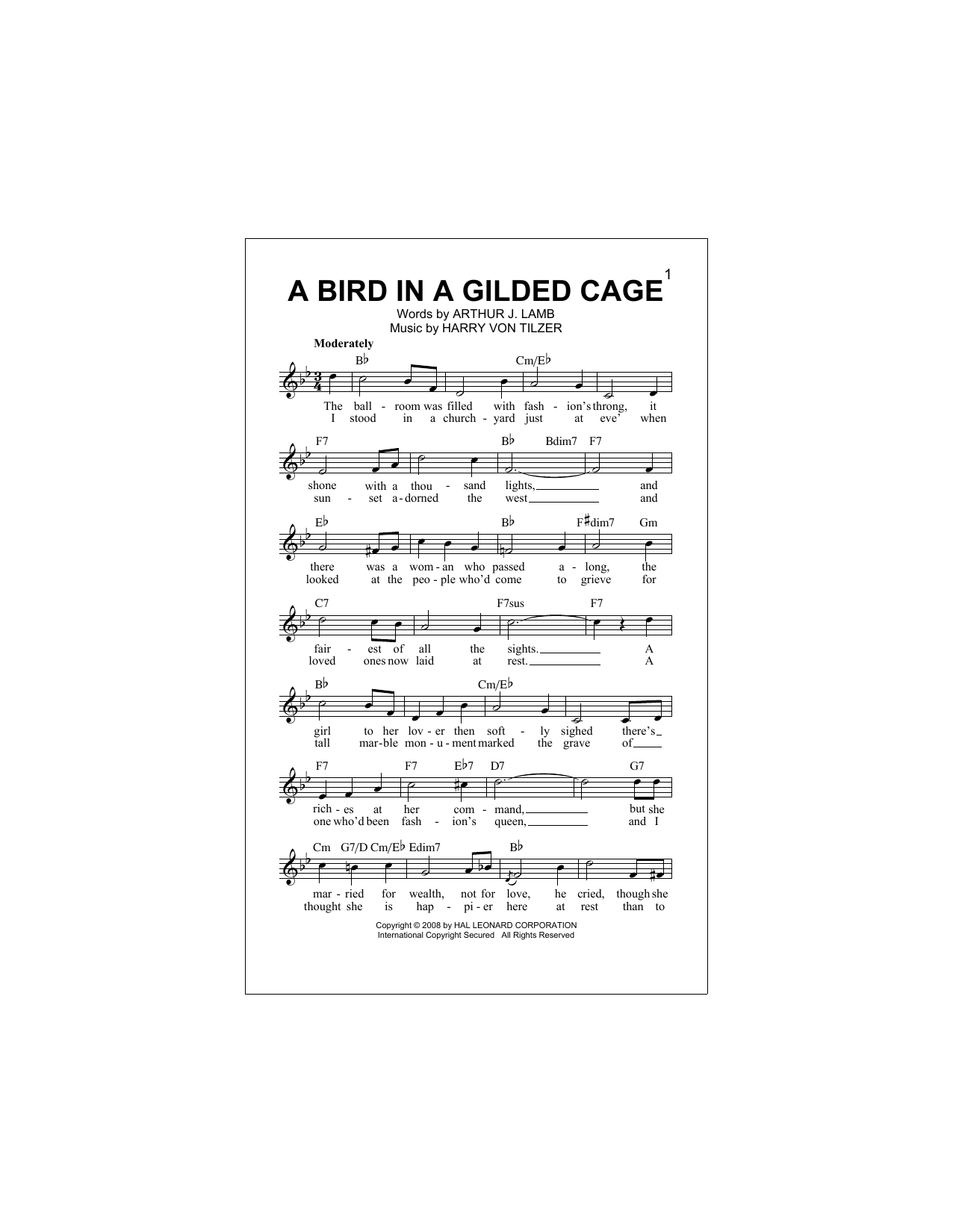 Harry Von Tilzer A Bird In A Gilded Cage sheet music notes and chords arranged for Piano, Vocal & Guitar Chords (Right-Hand Melody)
