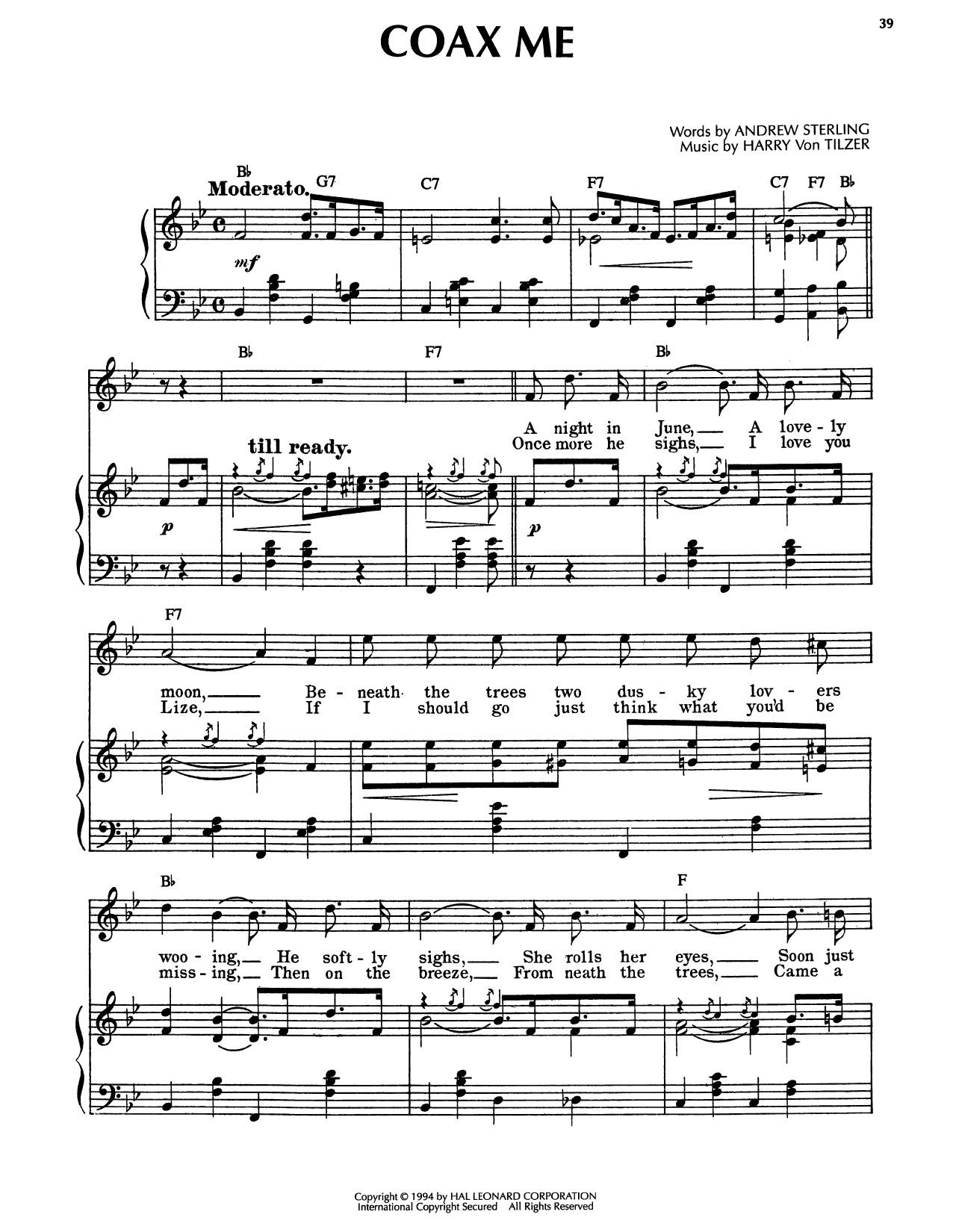 Harry Von Tilzer Coax Me sheet music notes and chords arranged for Piano, Vocal & Guitar Chords (Right-Hand Melody)