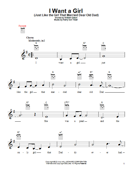 Harry von Tilzer I Want A Girl (Just Like The Girl That Married Dear Old Dad) sheet music notes and chords arranged for Ukulele