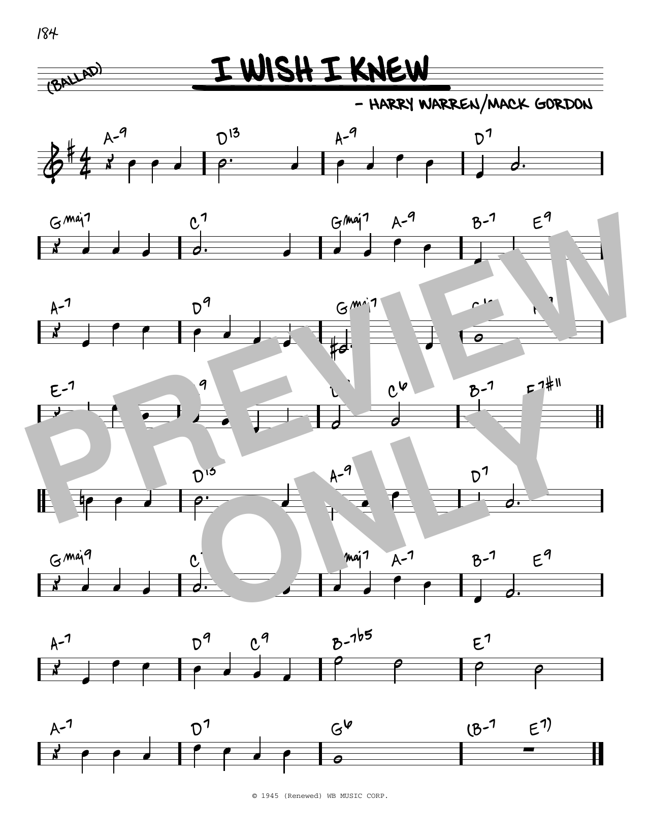 Harry Warren and Mack Gordon I Wish I Knew sheet music notes and chords arranged for Real Book – Melody & Chords