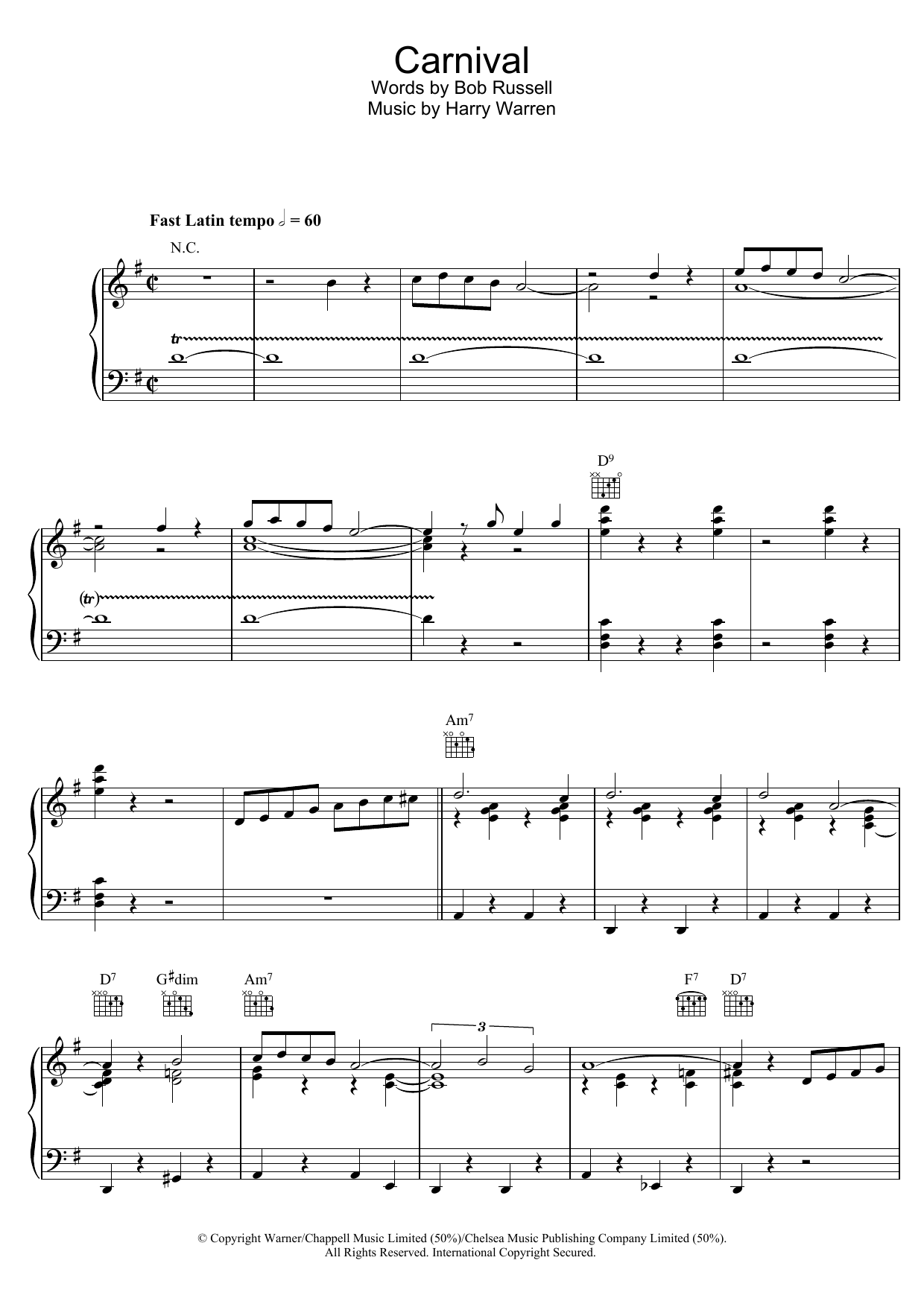 Harry Warren Carnival sheet music notes and chords arranged for Piano Solo