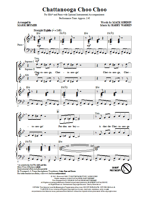Harry Warren Chattanooga Choo Choo (arr. Mark Brymer) sheet music notes and chords arranged for SAB Choir
