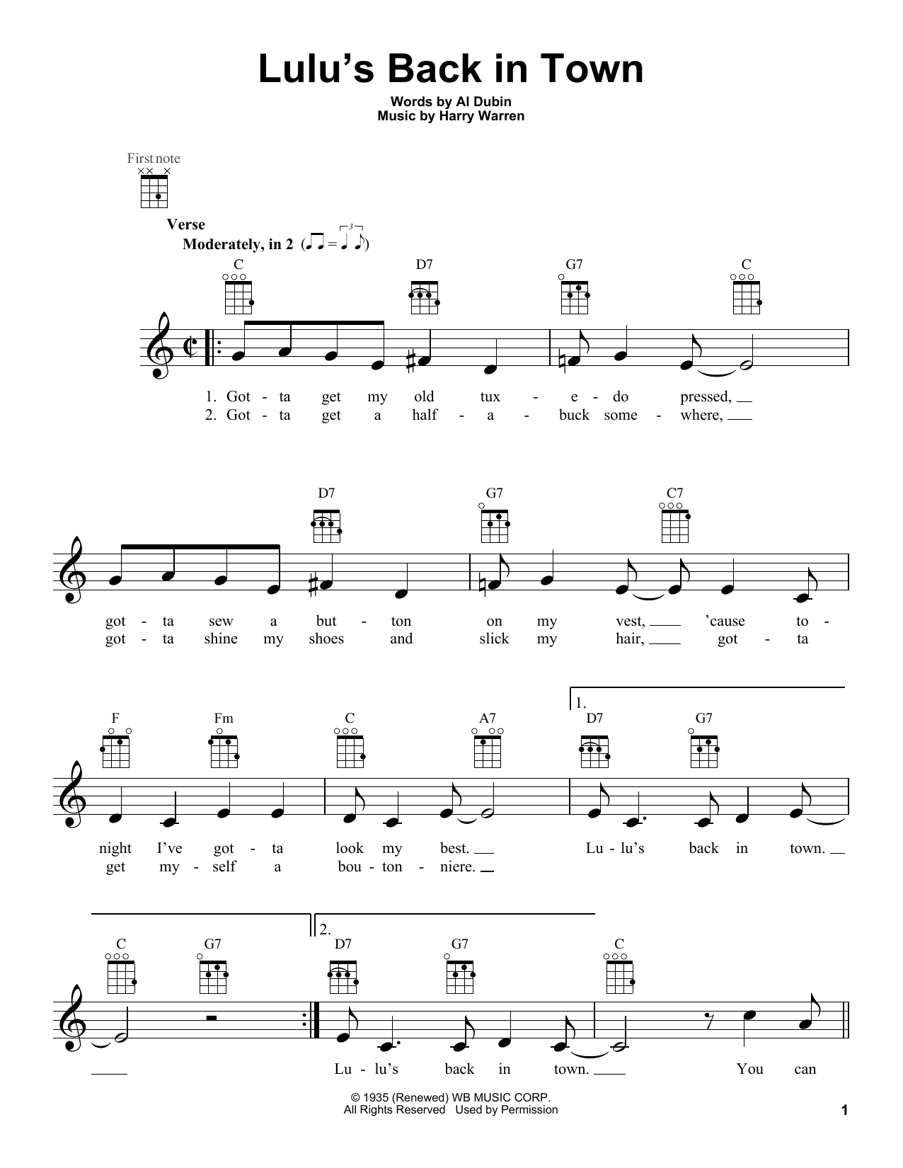 Harry Warren Lulu's Back In Town sheet music notes and chords arranged for Ukulele