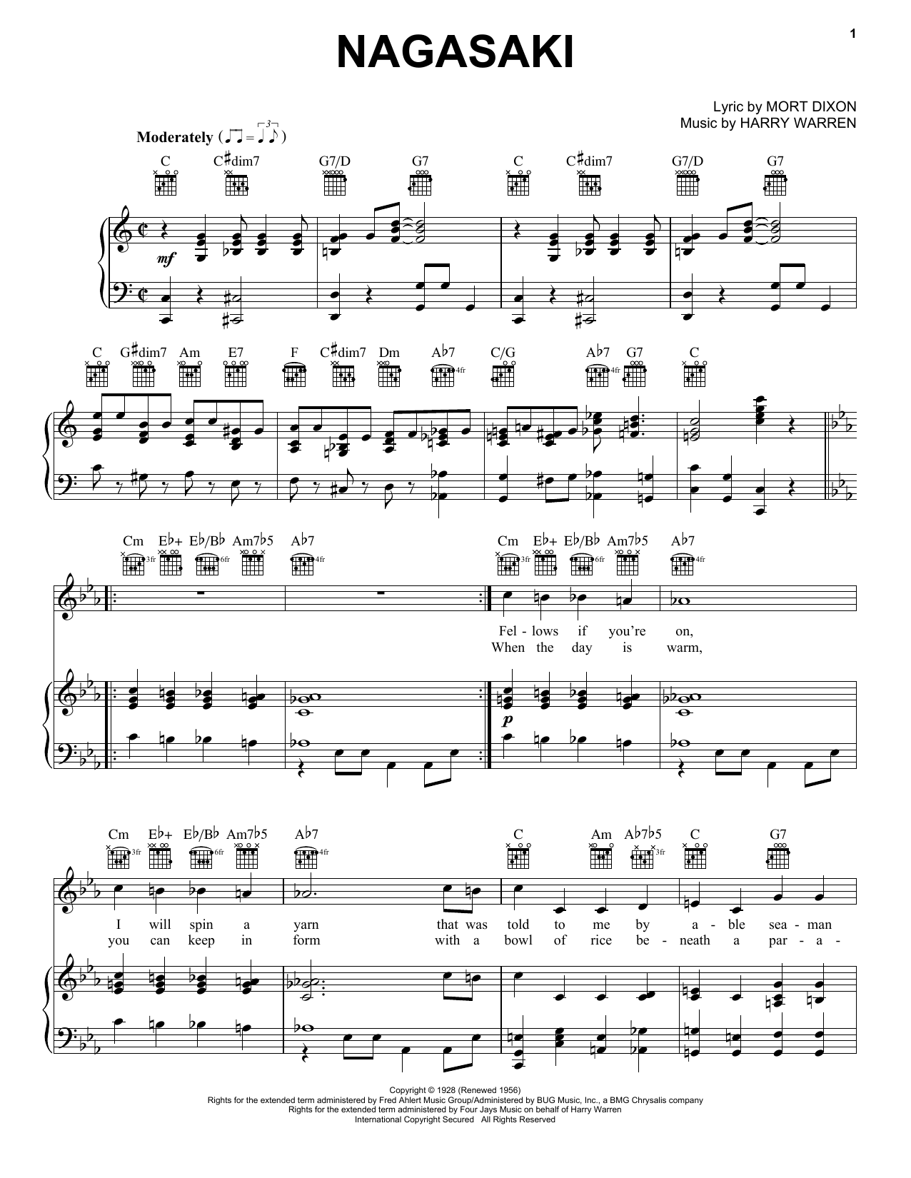 Harry Warren Nagasaki sheet music notes and chords arranged for Piano, Vocal & Guitar Chords (Right-Hand Melody)