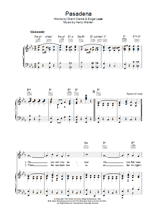 Harry Warren Pasadena sheet music notes and chords arranged for Piano, Vocal & Guitar Chords