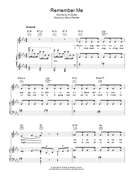 Harry Warren Remember Me sheet music notes and chords arranged for Piano, Vocal & Guitar Chords