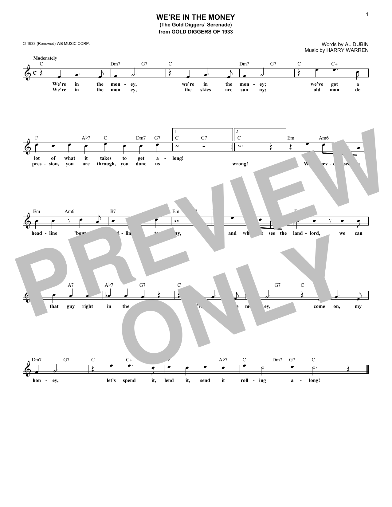 Harry Warren We're In The Money (The Gold Diggers Serenade) sheet music notes and chords arranged for Piano, Vocal & Guitar Chords (Right-Hand Melody)