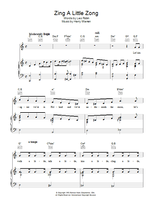 Harry Warren Zing A Little Zong sheet music notes and chords arranged for Piano, Vocal & Guitar Chords