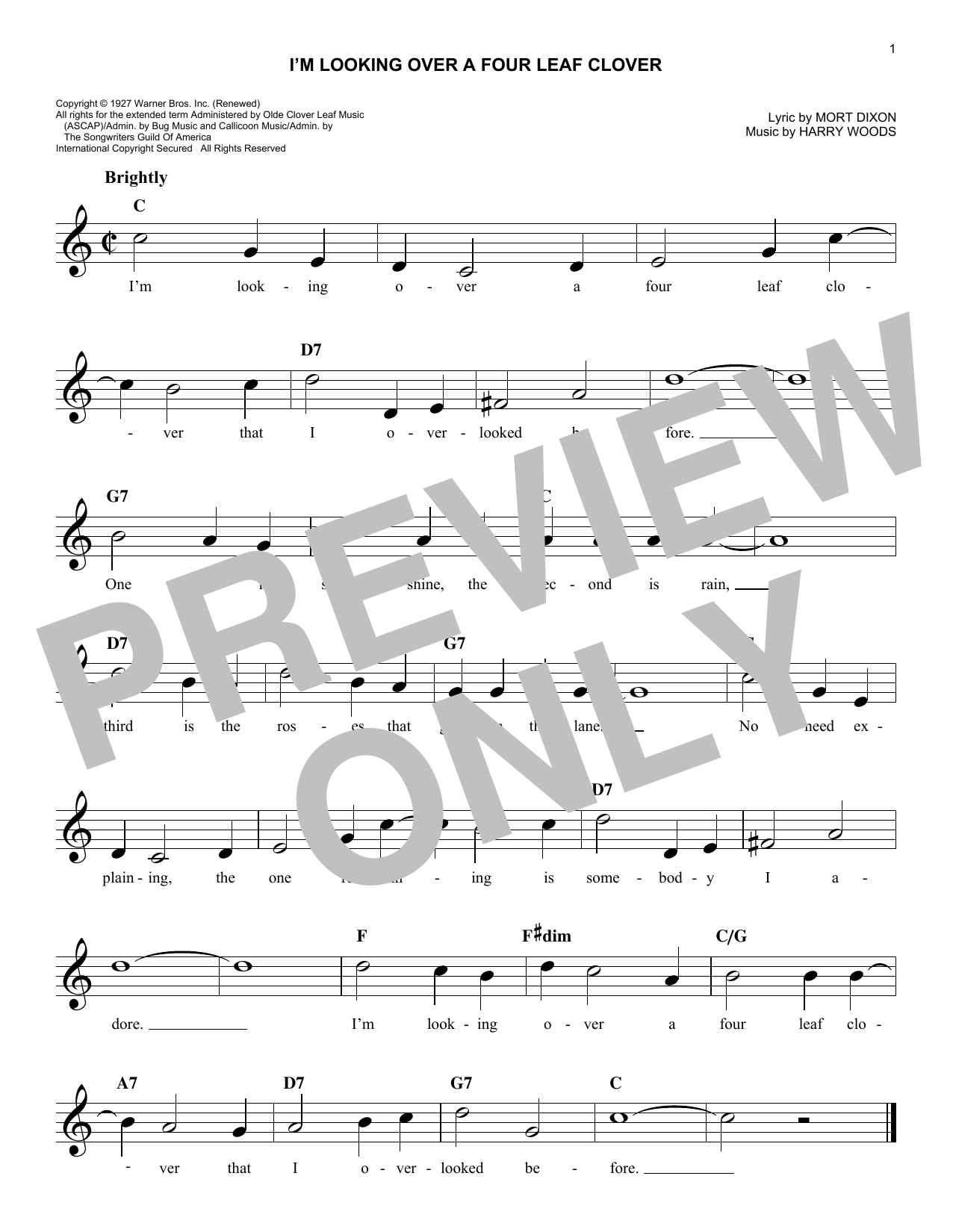 Harry Woods I'm Looking Over A Four Leaf Clover sheet music notes and chords arranged for Lead Sheet / Fake Book