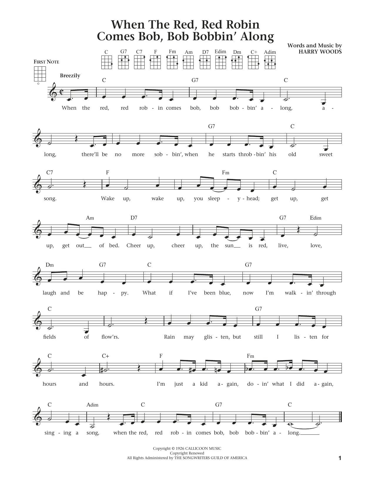 Harry Woods When The Red, Red Robin Comes Bob, Bob Bobbin' Along (The Daily Ukulele) (arr. Liz and Jim Beloff) sheet music notes and chords arranged for Ukulele
