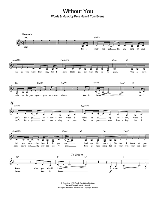 Harry Nilsson Without You sheet music notes and chords arranged for Lead Sheet / Fake Book