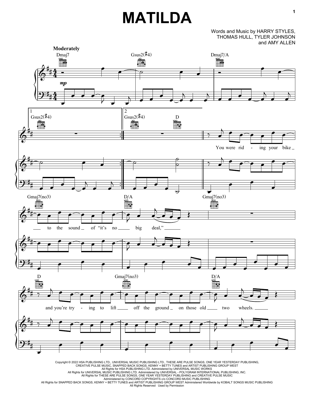 Harry Styles Matilda sheet music notes and chords. Download Printable PDF.