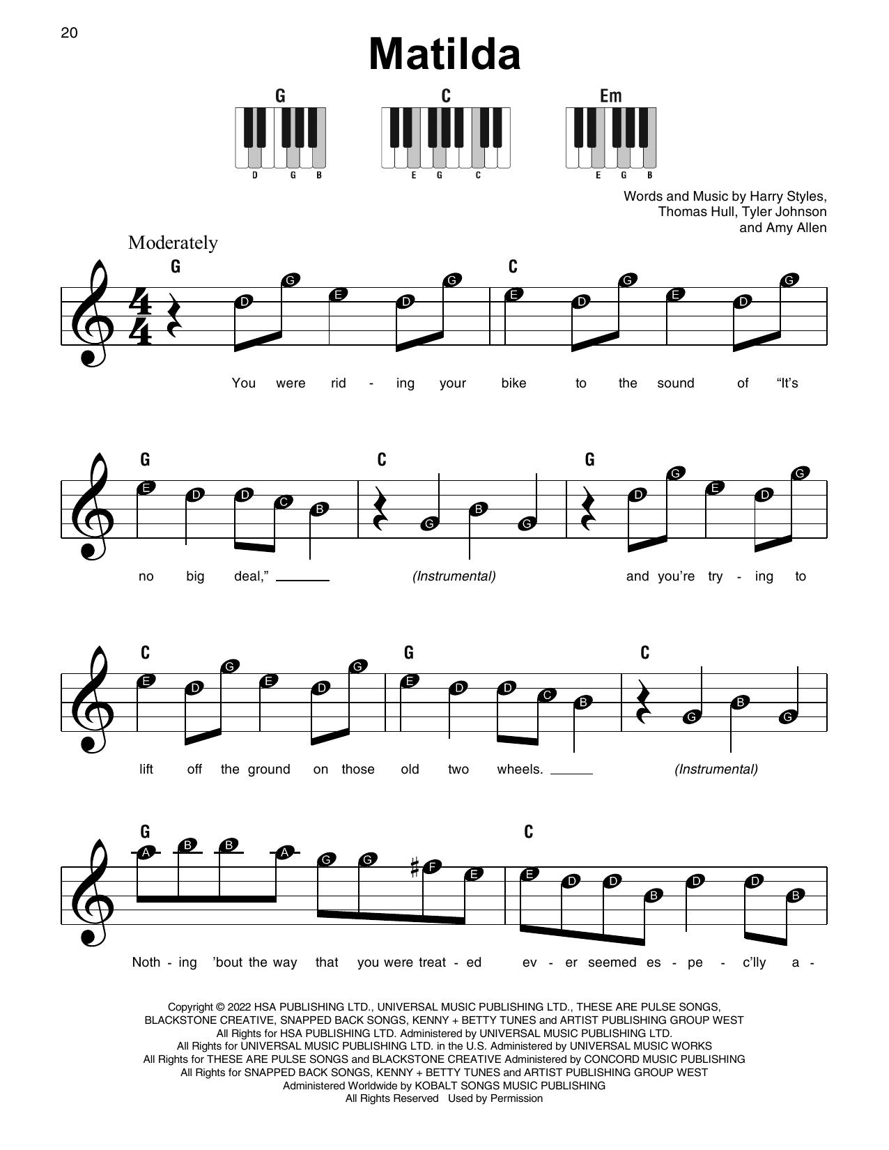 Matilda Sheet Music by Harry Styles | Printable Piano, Voc…