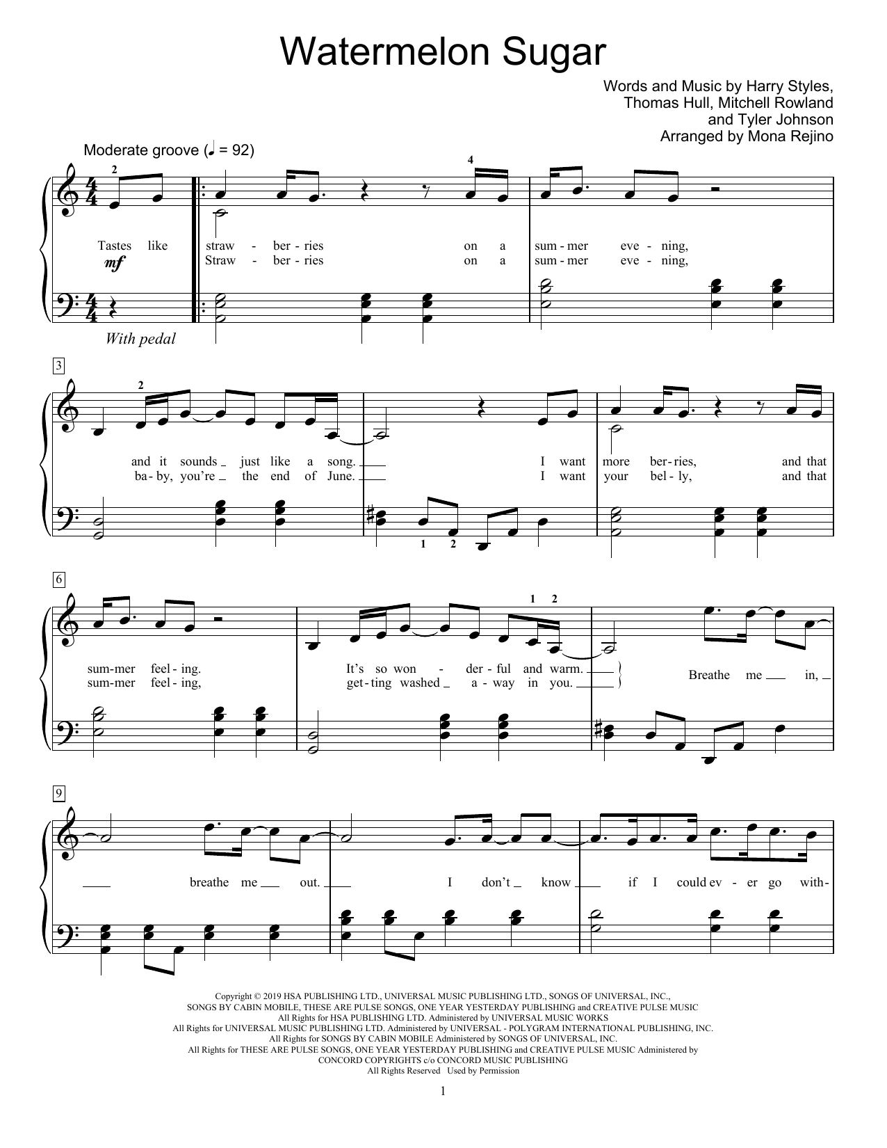 Harry Styles Watermelon Sugar (arr. Mona Rejino) sheet music notes and chords arranged for Educational Piano