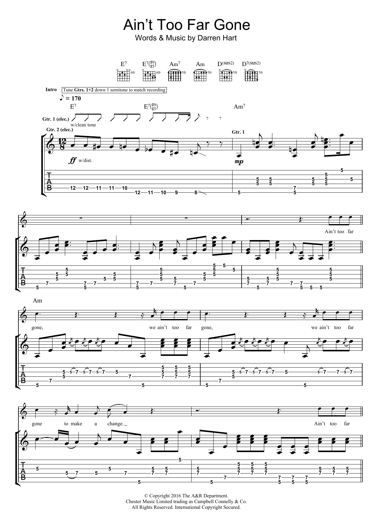 Harts Ain't Too Far Gone sheet music notes and chords arranged for Guitar Tab