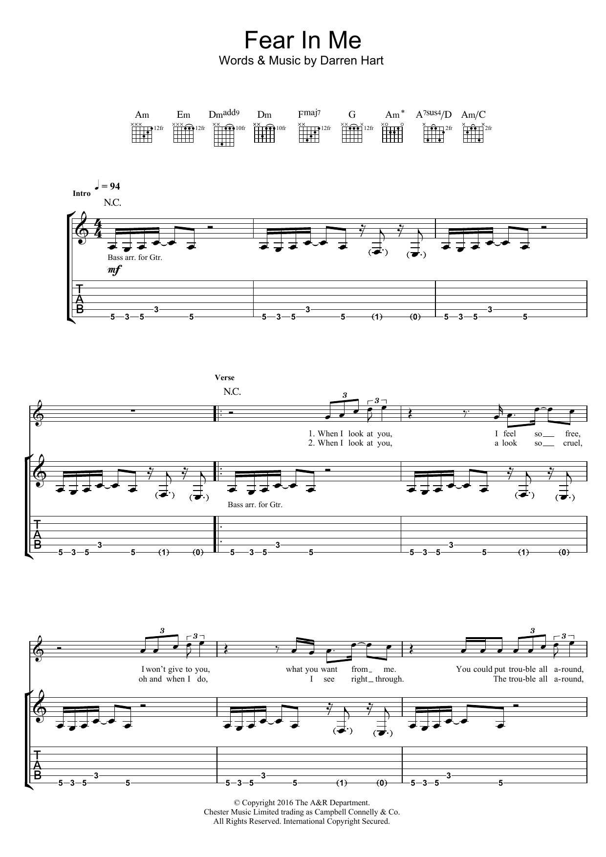 Harts Fear In Me sheet music notes and chords arranged for Guitar Tab