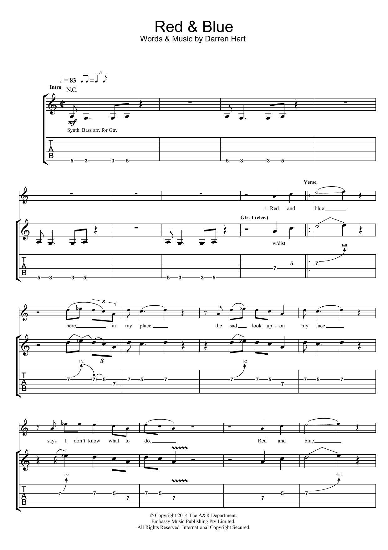 Harts Red And Blue sheet music notes and chords arranged for Guitar Tab