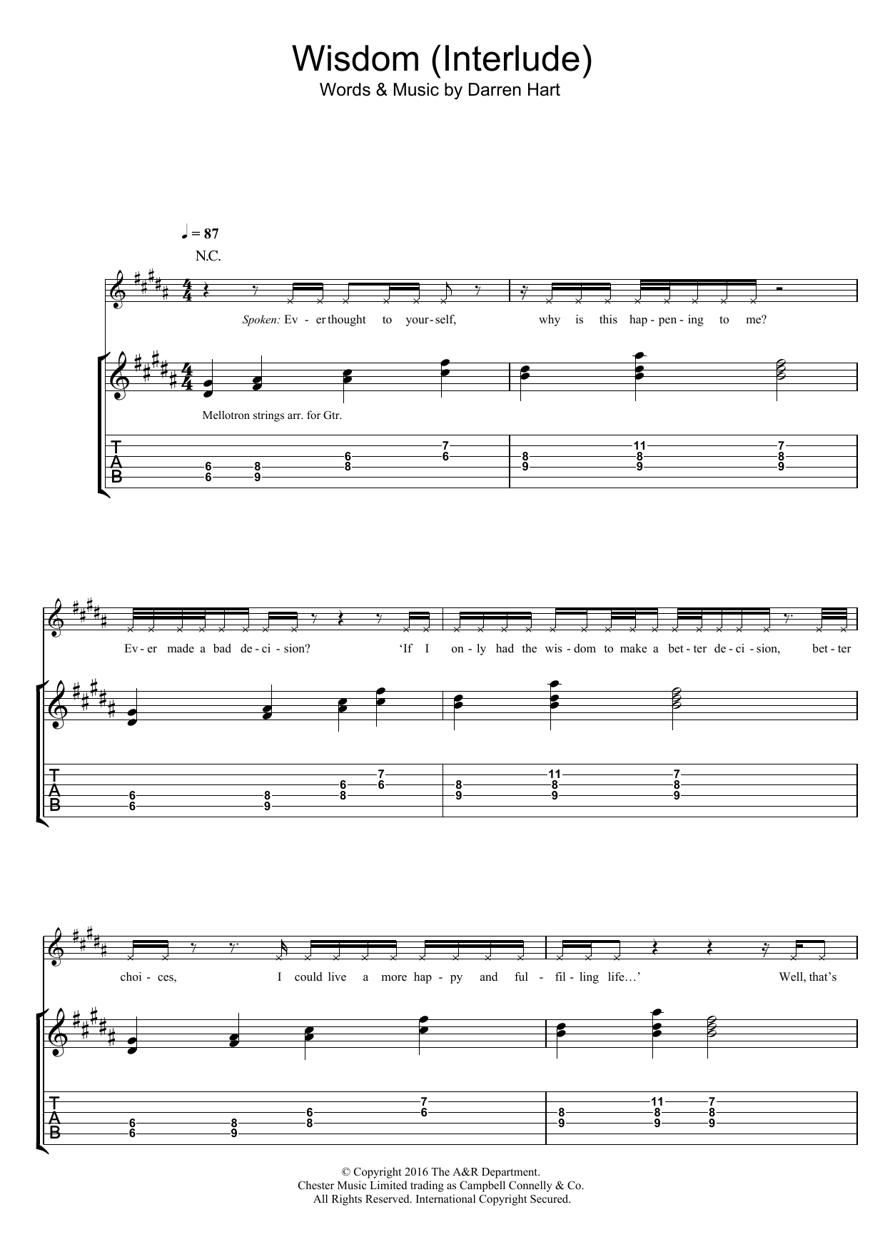 Harts Wisdom sheet music notes and chords arranged for Guitar Tab