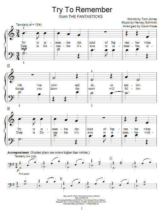 Harvey Schmidt Try To Remember sheet music notes and chords arranged for Educational Piano