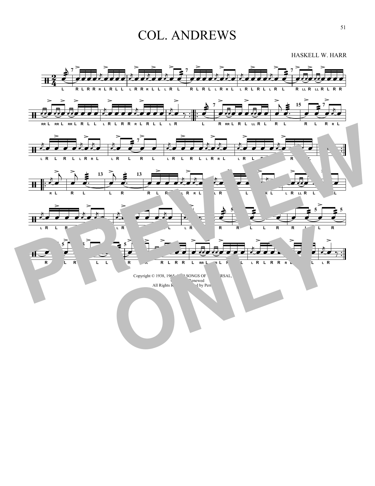 Haskell W. Harr Col. Andrews sheet music notes and chords arranged for Snare Drum Solo