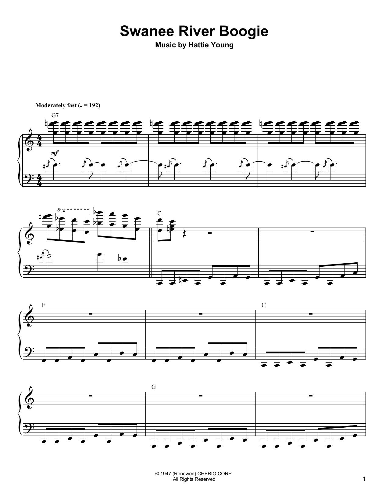 Hattie Young Swanee River Boogie sheet music notes and chords arranged for Piano Transcription