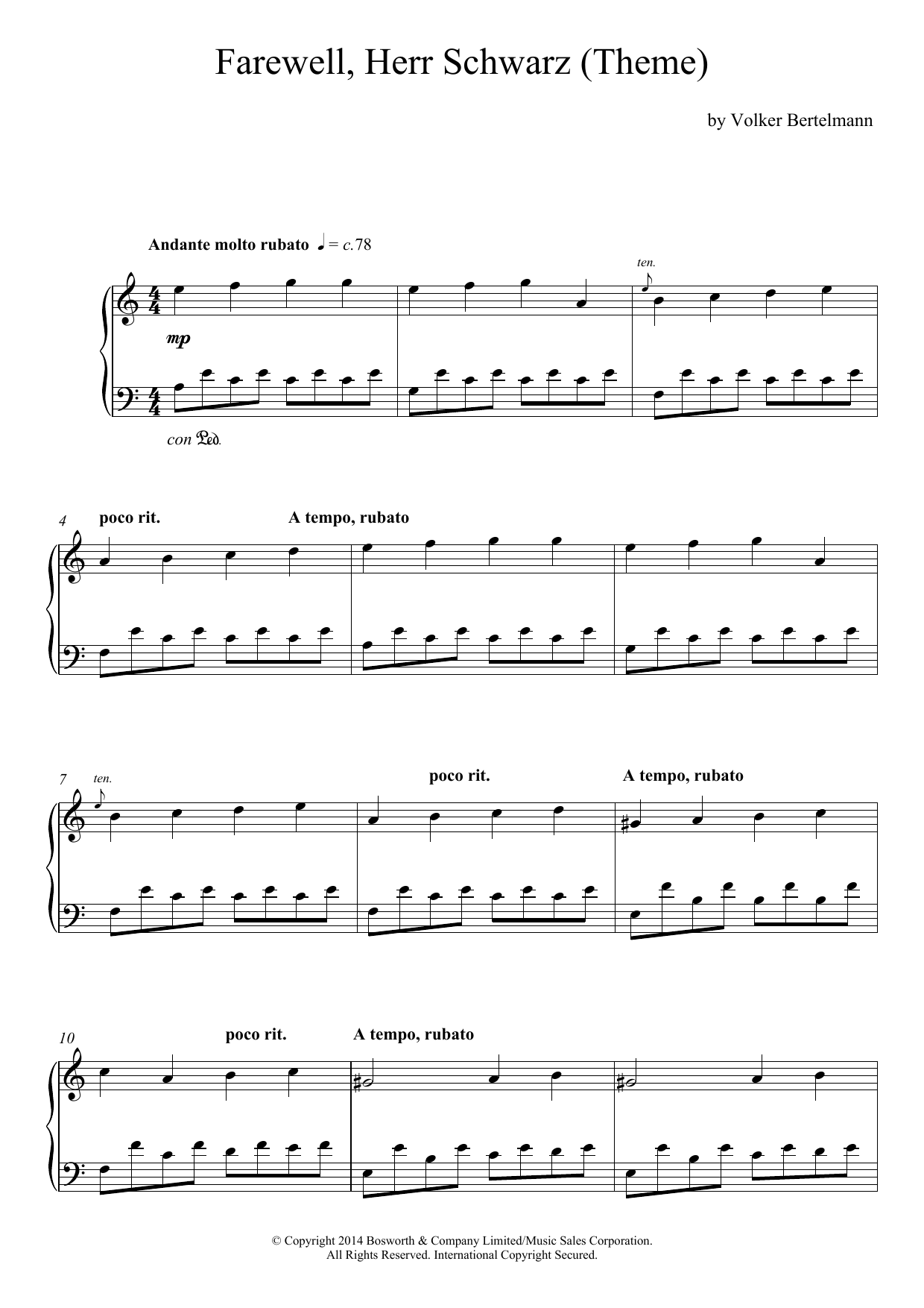 Hauschka Farewell, Herr Schwarz (Theme) sheet music notes and chords arranged for Piano Solo